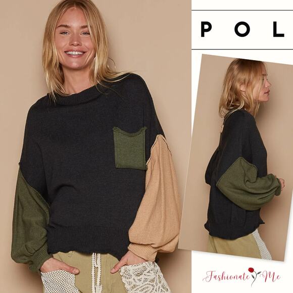 POL Color Block Round Neck Chest Pocket Roll Hem Hacci Pullover Sweater | Black - Picture 1 of 5